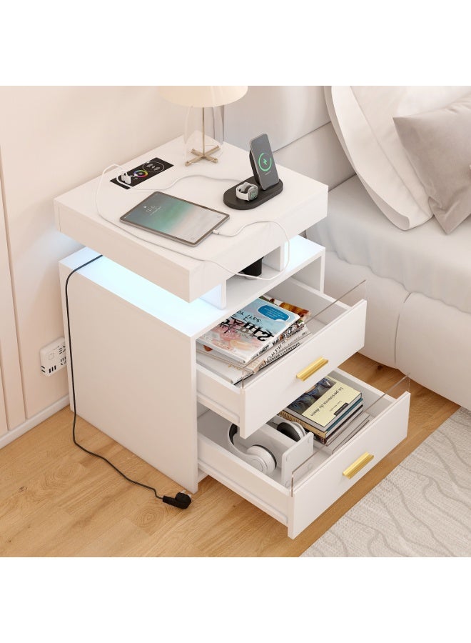 YY-ريشير طاولة جانبية ذكية مزودة بمحطة شحن لاسلكي، وطاولة تخزين بجانب السرير مع إضاءة بستة ألوان، وطاولة جانبية بدرجين لغرفة النوم وغرفة المعيشة - Image 4